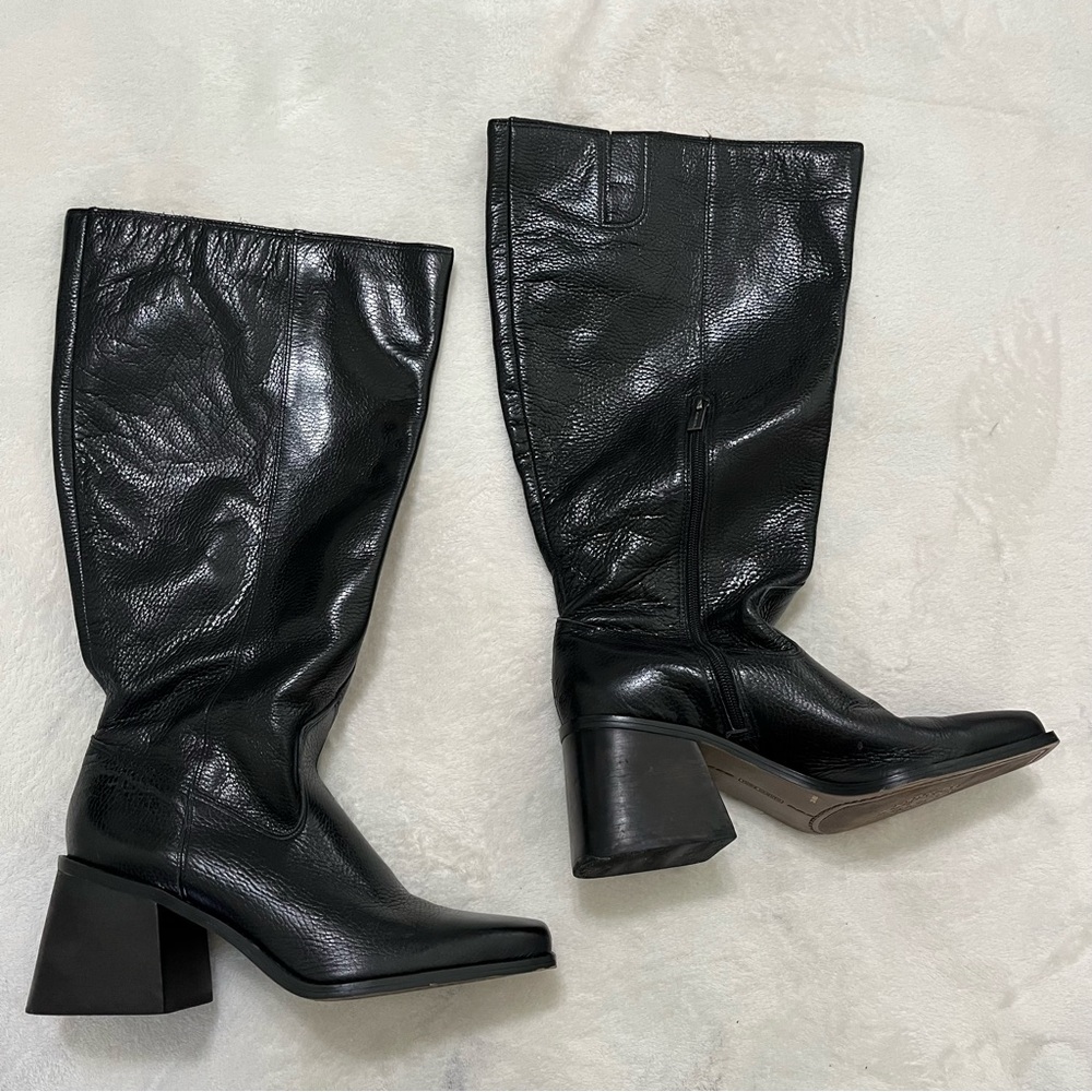 Vince Camuto Sangeti Boots 10W XC | Black Leather Wide Calf Knee High Block Heel
